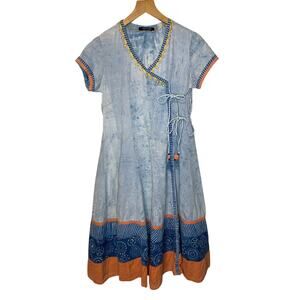 Melange Bohemian Cotton Washed Blue Embroidered Short Sleeve V Neck Midi Dress M